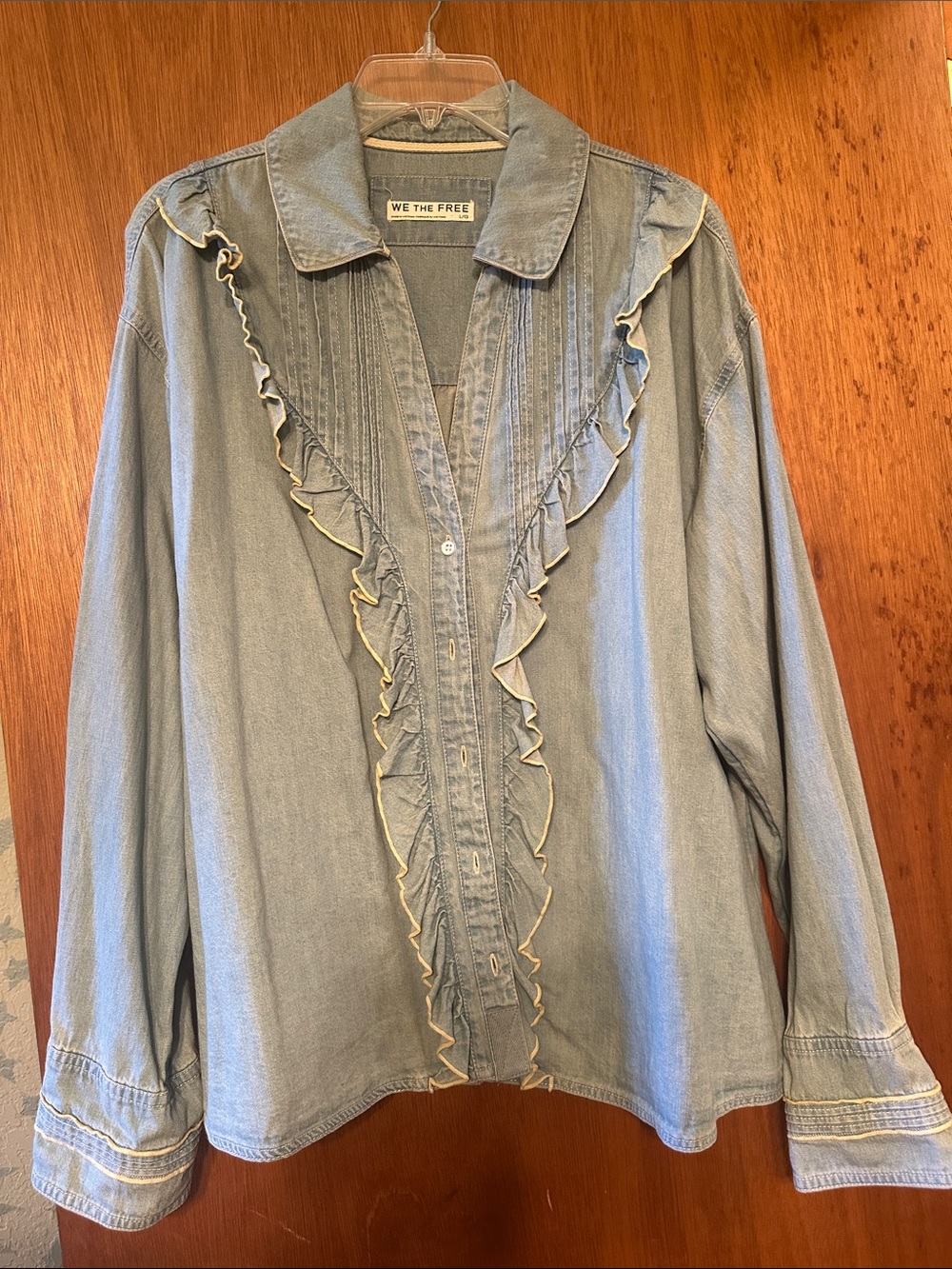 We The Free Pale Blue Ruffle Denim Button-Down Shirt